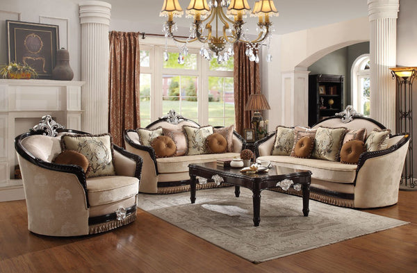 The Ernestine sofa set is an impeccable example of truly remarkable and opulent traditional design. From the curved wood trim on backrest and armrest to the wooden bun leg, every detail boasts old world elegance. Covering in tan fabric, it features tight 
