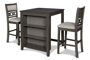 The small space friendly Gia Counter Storage Table and Chair Set has a built-in shelf unit that provides the ideal spot for dinnerware or kitchen essentials. The dining table and chair legs are crafted of solid Rubberwood to add strength and stability. Mi