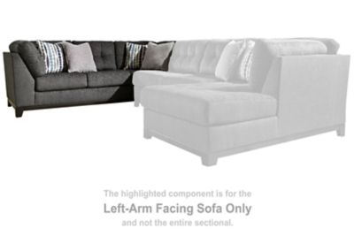 This left-arm facing sofa is made with polyester upholstery. Pairs with other items in the series to make a sectional.<br><br><b>Additional Dimensions</b><br><ul><li>Minimum width of doorway for delivery: 32-"</li><li>Leg height: 5-"</li><li>Seat depth: 2