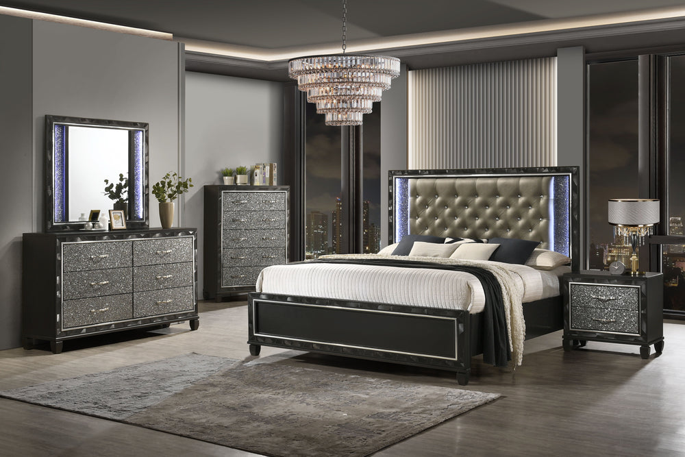 Transform your bedroom into a sanctuary of sophistication with the Radiance Queen 5 Piece Bedroom Set. Crafted from a blend of Solid Rubberwood and manufactured woods, this collection ensures unwavering stability and longevity. Its semi-gloss lacquer blac