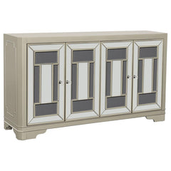 Add instant glamour and functionality to your space with this striking accent cabinet. Designed with beveled mirrored panels and a chic geometric pattern, it reflects elegance from every angle. The neutral champagne wood finish complements a variety of de