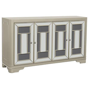 Add instant glamour and functionality to your space with this striking accent cabinet. Designed with beveled mirrored panels and a chic geometric pattern, it reflects elegance from every angle. The neutral champagne wood finish complements a variety of de