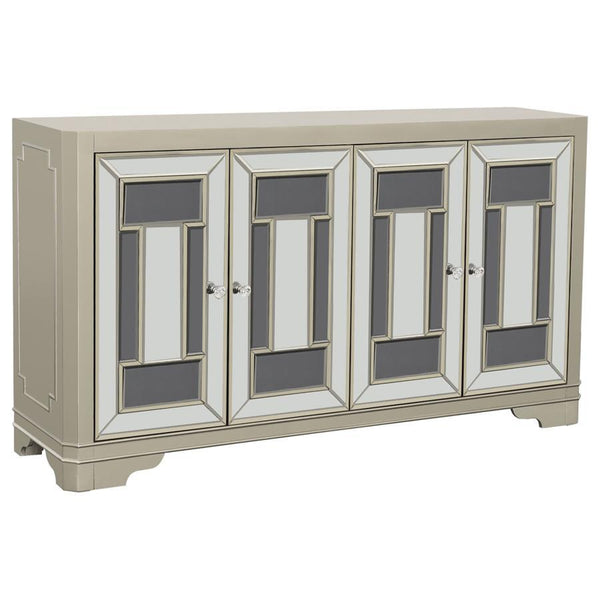 Add instant glamour and functionality to your space with this striking accent cabinet. Designed with beveled mirrored panels and a chic geometric pattern, it reflects elegance from every angle. The neutral champagne wood finish complements a variety of de