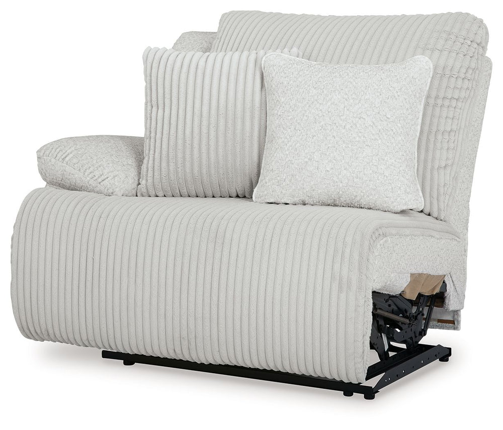 This left-arm facing power recliner is made with polyester upholstery. Pairs with other items in the series to make a sectional.<br><br><b>Additional Dimensions</b><br><ul><li>Arm height: 26-"</li><li>Seat depth: 23-"</li><li>Seat height: 20-"</li><li>Ful