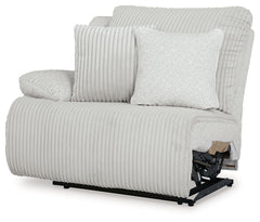 This left-arm facing power recliner is made with polyester upholstery. Pairs with other items in the series to make a sectional.<br><br><b>Additional Dimensions</b><br><ul><li>Arm height: 26-"</li><li>Seat depth: 23-"</li><li>Seat height: 20-"</li><li>Ful