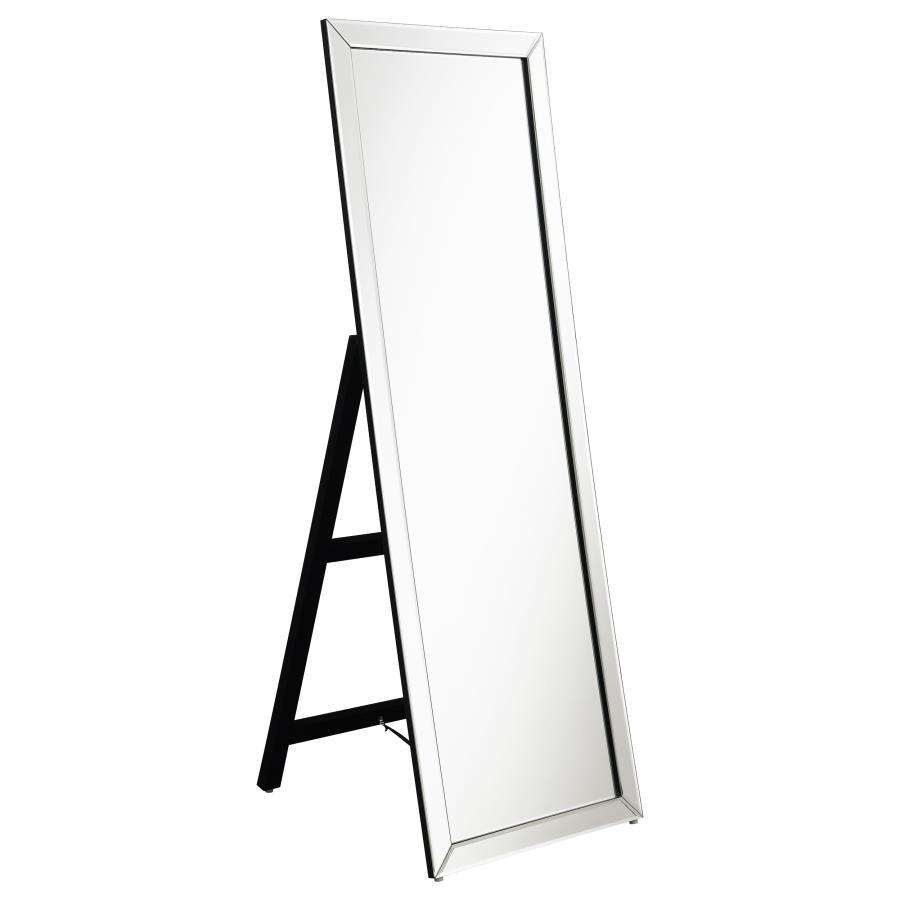 This standing mirror features a minimalist mirrored frame that adds brightness and clarity to any space. Its full-length glass offers a complete reflection, supported by a sturdy easel-style back for freestanding functionality. The clean lines and reflect