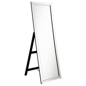 This standing mirror features a minimalist mirrored frame that adds brightness and clarity to any space. Its full-length glass offers a complete reflection, supported by a sturdy easel-style back for freestanding functionality. The clean lines and reflect