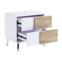 KD, Rectangular End Table â€¢ Storage: 2 Drw â€¢ Includes: High Gloss Case-Frame, Contrast Drawer Fronts â€¢â€¢ CONSTRUCTION â€¢â€¢ Wooden Case-Frame: White High Gloss, MDF â€¢ DRAWER Wooden, Paper Veneer, MDF â€¢â€¢â€¢ Drawer: GLIDE Side Metal (Full Ext.