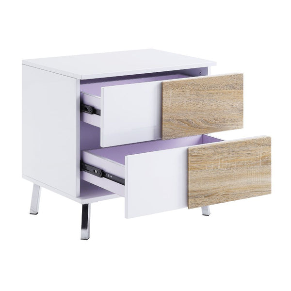 KD, Rectangular End Table â€¢ Storage: 2 Drw â€¢ Includes: High Gloss Case-Frame, Contrast Drawer Fronts â€¢â€¢ CONSTRUCTION â€¢â€¢ Wooden Case-Frame: White High Gloss, MDF â€¢ DRAWER Wooden, Paper Veneer, MDF â€¢â€¢â€¢ Drawer: GLIDE Side Metal (Full Ext.