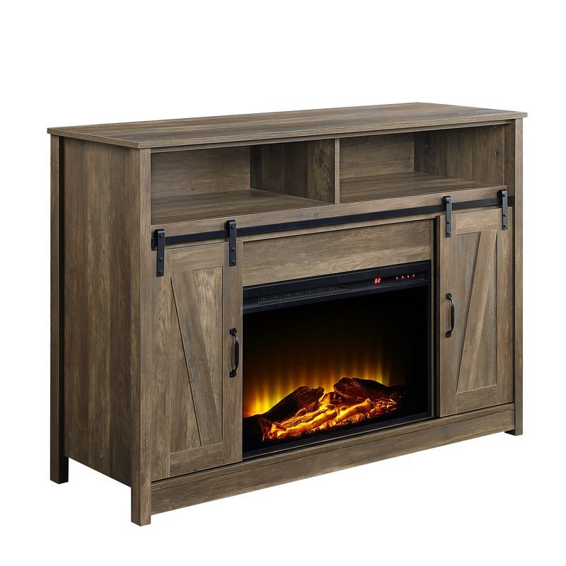 Add some warmth and glow into any space with the Tobias fireplace. Achieve the perfect rustic farmhouse aesthetic with its rustic oak finish and sliding barn house doors. Featuring two open compartments for displaying goods and two closed storage compartm