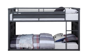  this Cargo twin over twin bunk bed is excellent for low ceiling bedrooms. With its whimsical shipping container design and sturdy metal frame