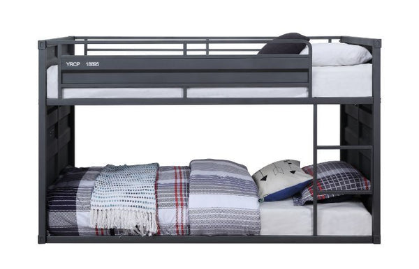  this Cargo twin over twin bunk bed is excellent for low ceiling bedrooms. With its whimsical shipping container design and sturdy metal frame