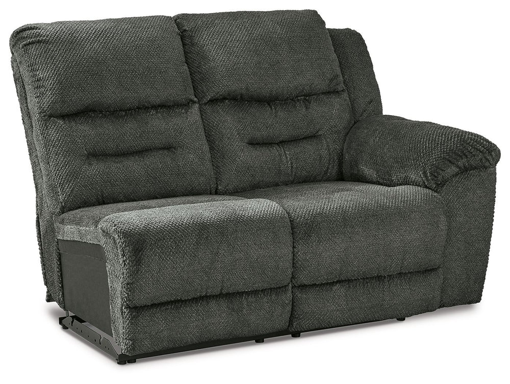 This right-arm facing power reclining loveseat is made with polyester upholstery. Pairs with other items in the series to make a sectional.<br><br><b>Additional Dimensions</b><br><ul><li>Arm height: 27-"</li><li>Seat depth: 22-"</li><li>Seat height: 20-"<
