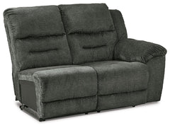 This right-arm facing power reclining loveseat is made with polyester upholstery. Pairs with other items in the series to make a sectional.<br><br><b>Additional Dimensions</b><br><ul><li>Arm height: 27-"</li><li>Seat depth: 22-"</li><li>Seat height: 20-"<