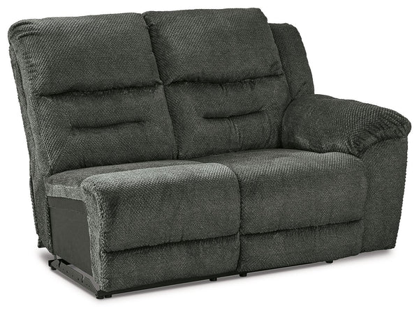This right-arm facing power reclining loveseat is made with polyester upholstery. Pairs with other items in the series to make a sectional.<br><br><b>Additional Dimensions</b><br><ul><li>Arm height: 27-"</li><li>Seat depth: 22-"</li><li>Seat height: 20-"<