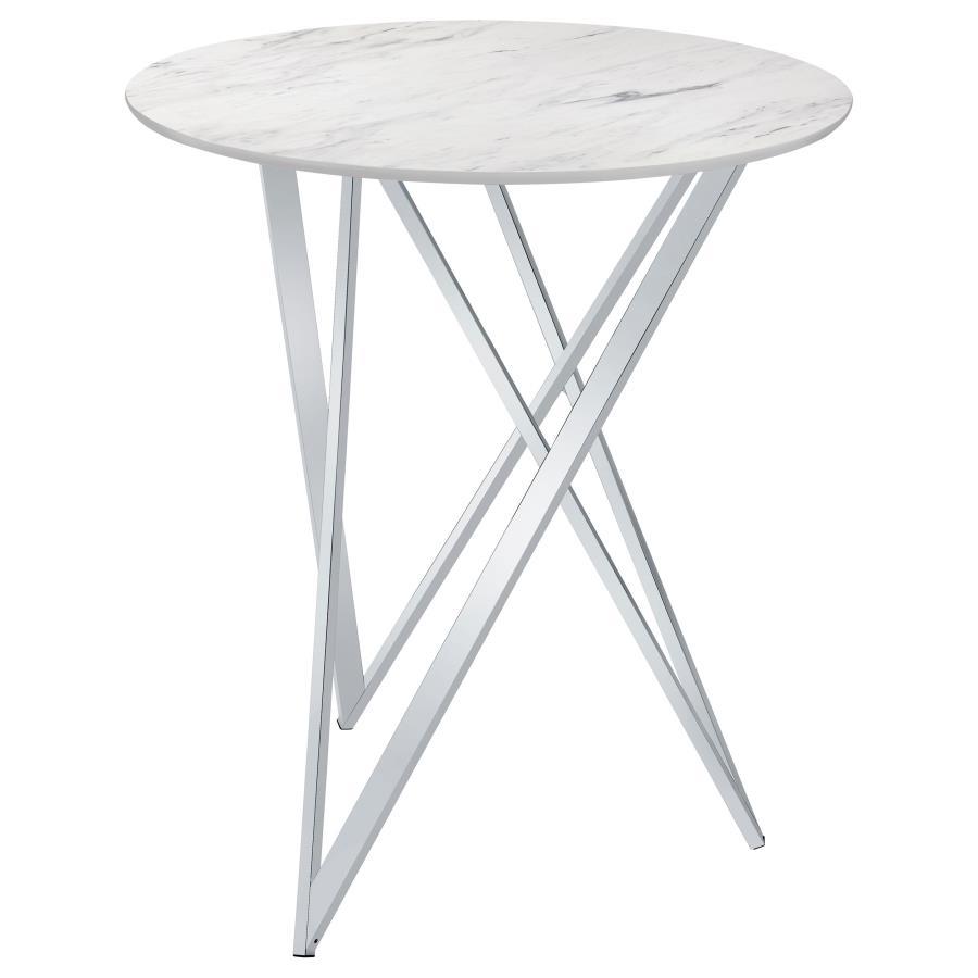 Dress up casual dining areas and entertainment rooms with this sleek modern bar table. Designed with a clean and crisp, round, faux white marble top, this bar height table brings a chic, contemporary meets classic flair to spaces. The striking origami-lik