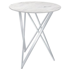 Dress up casual dining areas and entertainment rooms with this sleek modern bar table. Designed with a clean and crisp, round, faux white marble top, this bar height table brings a chic, contemporary meets classic flair to spaces. The striking origami-lik