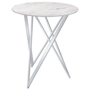Dress up casual dining areas and entertainment rooms with this sleek modern bar table. Designed with a clean and crisp, round, faux white marble top, this bar height table brings a chic, contemporary meets classic flair to spaces. The striking origami-lik
