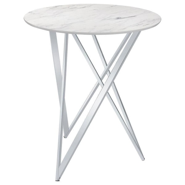 Dress up casual dining areas and entertainment rooms with this sleek modern bar table. Designed with a clean and crisp, round, faux white marble top, this bar height table brings a chic, contemporary meets classic flair to spaces. The striking origami-lik