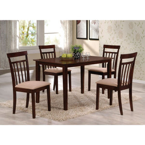 The Samuel 5-Piece Pack Dining Set offers beautiful details with a versatility that enhances any dining area. This casual table features a smooth rectangular top and tapered Legs. The four matching side chairs include comfortable padded seat cushion in li