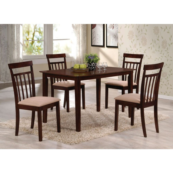 The Samuel 5-Piece Pack Dining Set offers beautiful details with a versatility that enhances any dining area. This casual table features a smooth rectangular top and tapered Legs. The four matching side chairs include comfortable padded seat cushion in li