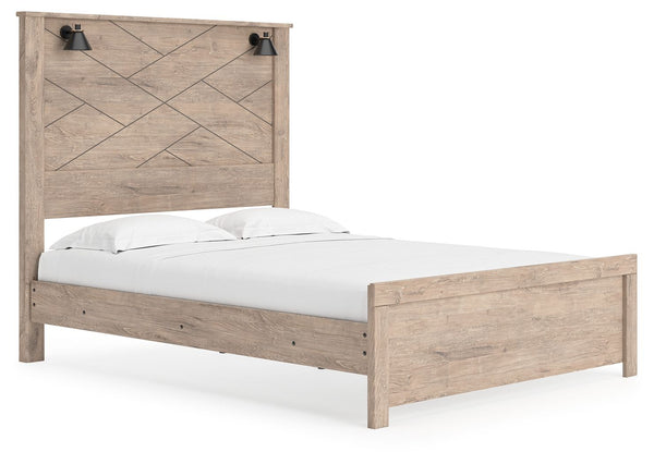 Senniberg - Light Brown / White - Queen Panel Bed with Sconce Lights