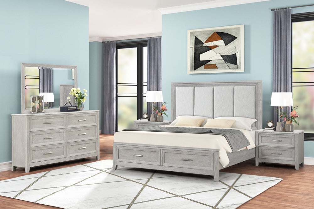 The Fiona 5 Piece Bedroom Set features a storage bed with a plush upholstered headboard, designed for ultimate comfort and convenience. The bed is complemented by a 6-drawer dresser and two 2-drawer nightstands, all exhibiting a harmonious blend of Acacia