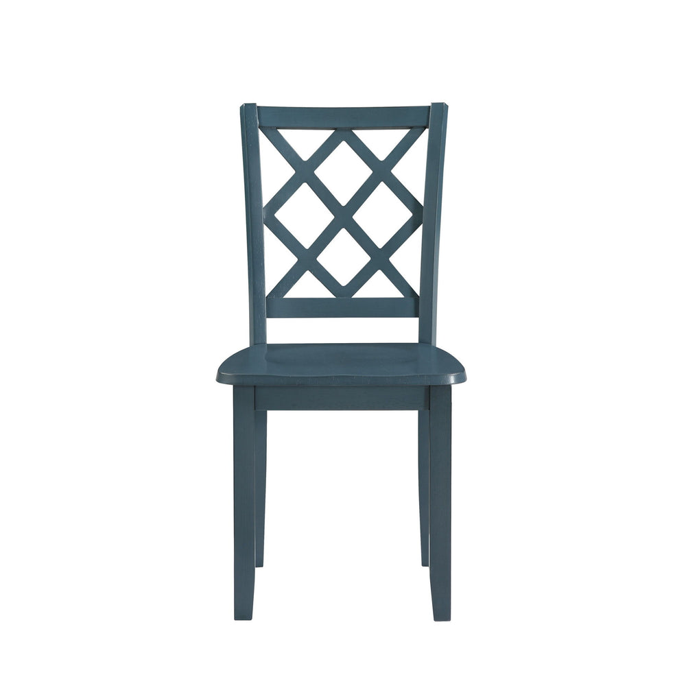 The Trellis Wood Dining Chair set in blue is an excellent choice for enhancing your dining space with style and comfort. This set includes two dining chairs, each crafted from solid rubberwood, ensuring long-lasting durability and quality. The slate blue 