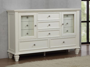  featuring 11 spacious drawers and two wood-framed tempered glass doors. The mix of drawers and glass-paneled cabinets offers a perfect blend of functionality and 
