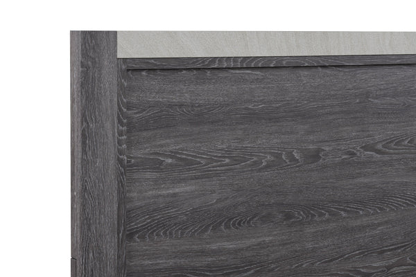  gray finish with a streamlined design. The sturdy bed acts as the focal point with a bold yet unadorned headboard