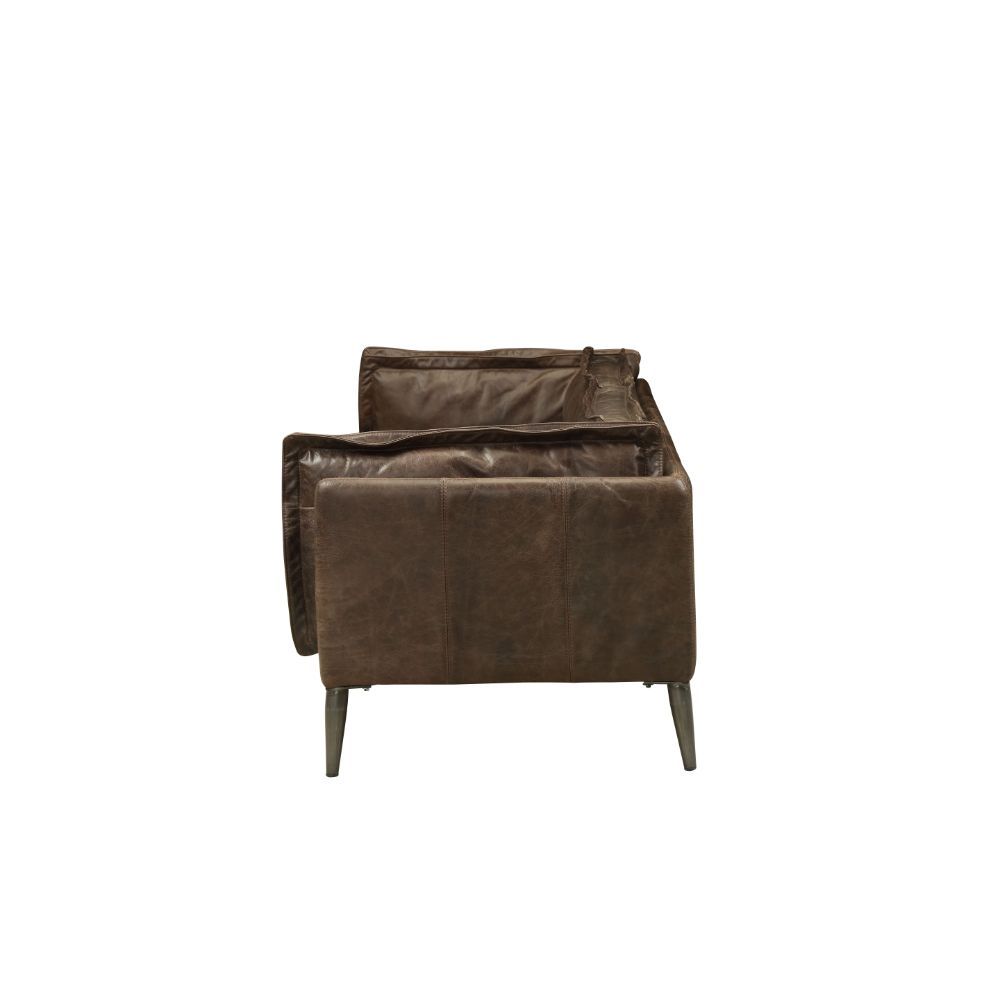 Contemporary styling is exemplified in the design of the Porchester collection. Offered in distress chocolate top grain leather coverings, the cleanly designed seating group will fit perfectly in your modern home. Metal legs support and provide decorative