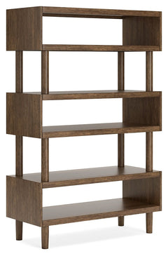 This bookcase expertly blends modern form and function. Its warm brown finish acts as a beautiful backdrop to your books and decorative displays. With a geometric, retro-inspired design lending a subtly eclectic character, itâ€™s a stylish home office sta