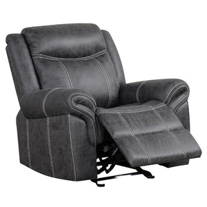 Zubaida - Power Motion Glider Recliner - Dark Gray Polish Microfiber<br/><br/><b>Product Features</b><ul><li>Seat Construction: Pocket Coil</li><li>Tight Seat & Back Cushion</li><li>KD Back</li><li>Power Motion</li><li>USB Port Included</li><li>Sofa & Lov