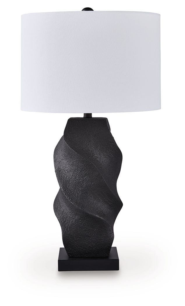 This table lamp puts a chic twist on casual lighting. Its base draws the eye in with a rich sense of movement, while the classic black finish has the versatility to pair with a variety of styles. Place it on a desk or end table for instant functional flai
