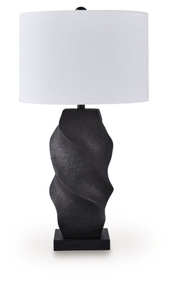 This table lamp puts a chic twist on casual lighting. Its base draws the eye in with a rich sense of movement, while the classic black finish has the versatility to pair with a variety of styles. Place it on a desk or end table for instant functional flai