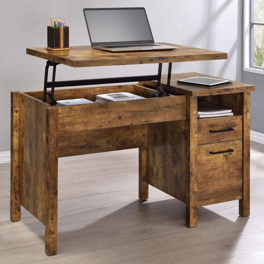 Exceptionally stylish and rustic, this lift-top writing desk offers plenty of style and function. Its lift-top design allows you to easily store items within. A small shelf provides another area for extra storage space. Put larger items inside the two dra