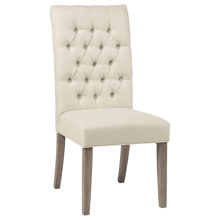 This set of two wood and fabric tufted parson chairs has a handsome rustic design. Each chair is crafted with durable Asian hardwood and plywood. Stylish elements shine through in the sand-colored linen-like fabric upholstery and tufted seat back. A warm 