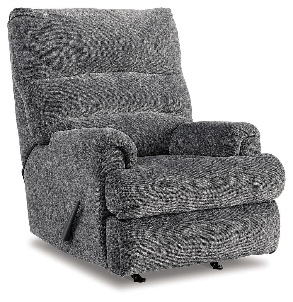 Roll out a cool look for your man cave or femme den with this indulgent recliner. Waterfall cushioning on the high chair is paired with a double-roll footrest for a high-style aesthetic that cradles you in comfort from head to toe. Tweed-weave neutral uph