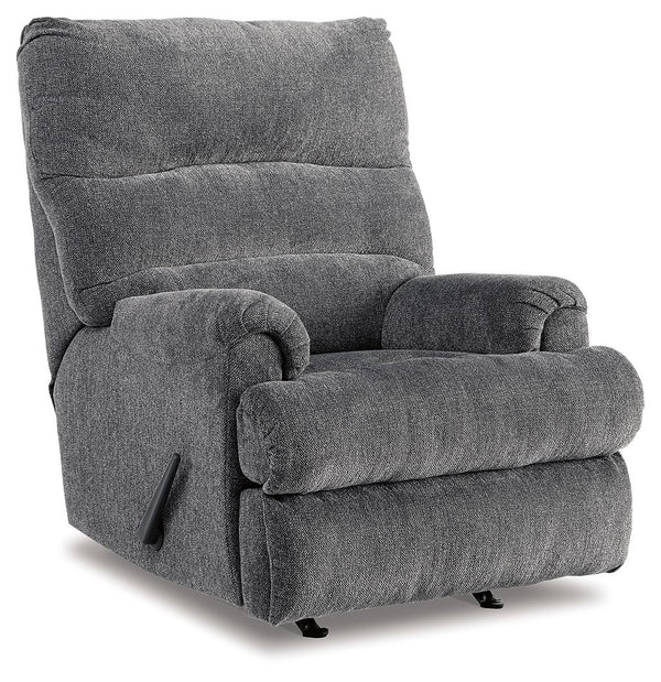 Roll out a cool look for your man cave or femme den with this indulgent recliner. Waterfall cushioning on the high chair is paired with a double-roll footrest for a high-style aesthetic that cradles you in comfort from head to toe. Tweed-weave neutral uph