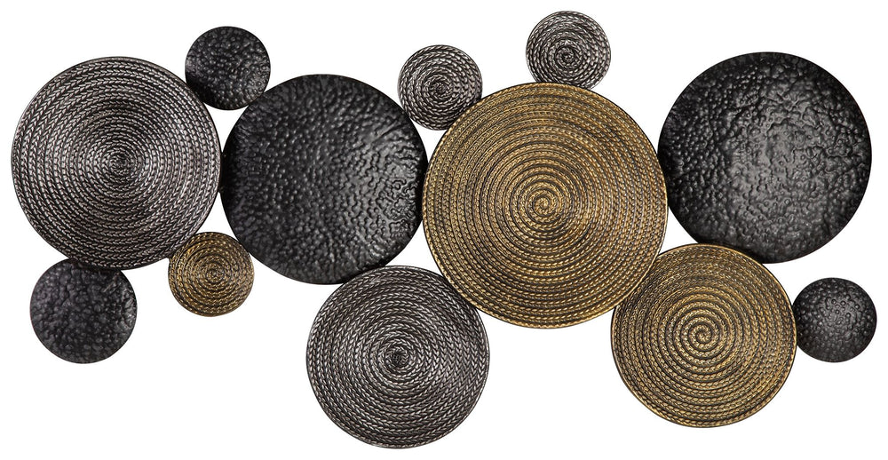 Round out your contemporary space with this forward-thinking wall sculpture. Circles in varying textures and sizes are simply striking when paired together, adding a modern twist to classic geometric construction. Complete with assorted metallic finishes,