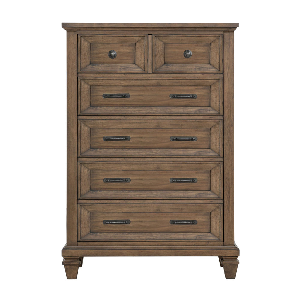 The Mariana 5-Drawer Chest is a remarkable combination of timeless craftsmanship and versatile design, making it a sophisticated addition to any bedroom. Crafted from solid Acacia wood and enhanced with Acacia veneers, this chest is finished with a rich, 