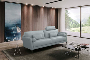 Made in Italy and upholstered in high-quality leather, the Tussio collection offers comfort and style. The gorgeous watery leather finish is fresh and fun. Included are bolster cushions and pillows to match the seating. The headrest provides added comfort