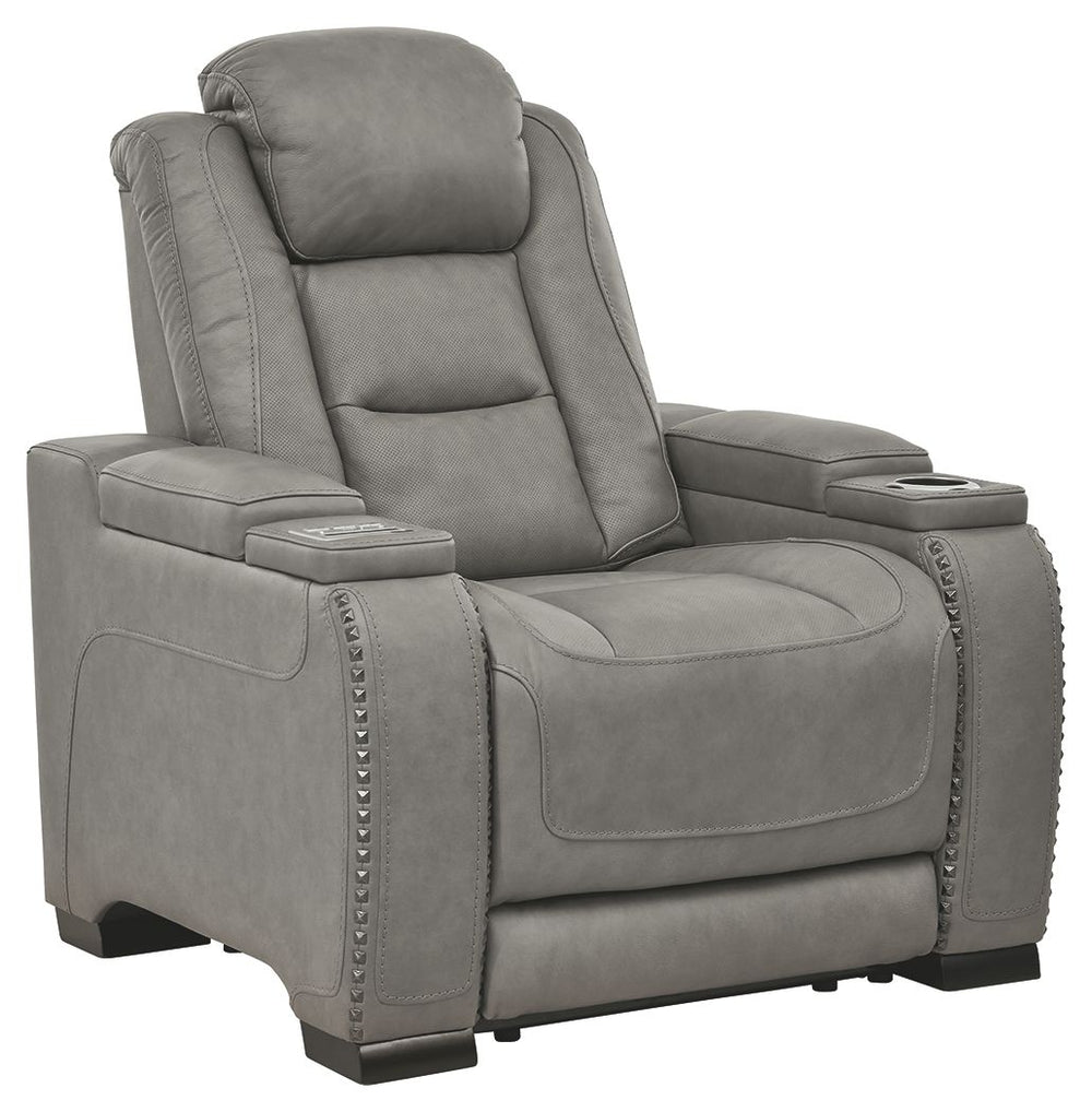 Reserved for him and made for her, this power recliner in gray delivers all the comfort and style you could ask for. Inspired by sports car interiors, the expertly matched leather and faux leather upholstery has a â€œperforated automotiveâ€ treatment for