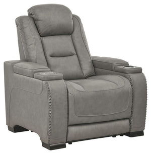 Reserved for him and made for her, this power recliner in gray delivers all the comfort and style you could ask for. Inspired by sports car interiors, the expertly matched leather and faux leather upholstery has a â€œperforated automotiveâ€ treatment for