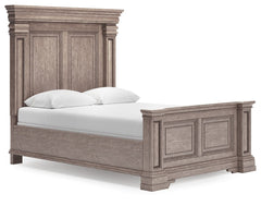 Discover something exceptional with this queen panel bed. Its impressive mansion-style silhouette offers a casual traditional aesthetic embodied by classic-inspired decorative columns, inset framed panels and a relaxed grayish brown finish. Two overhead L