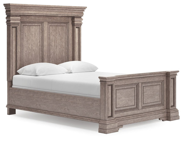Discover something exceptional with this queen panel bed. Its impressive mansion-style silhouette offers a casual traditional aesthetic embodied by classic-inspired decorative columns, inset framed panels and a relaxed grayish brown finish. Two overhead L