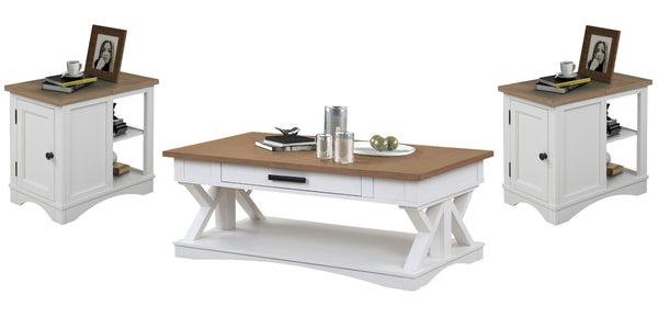 Destined to be the heart of any conversation area, the Americana Modern Cocktail Table is a must-have. Crafted in a soft Cotton white finish, it features a contrasting wood-grain top in Weathered Natural. A lower open area is perfect for storage and displ