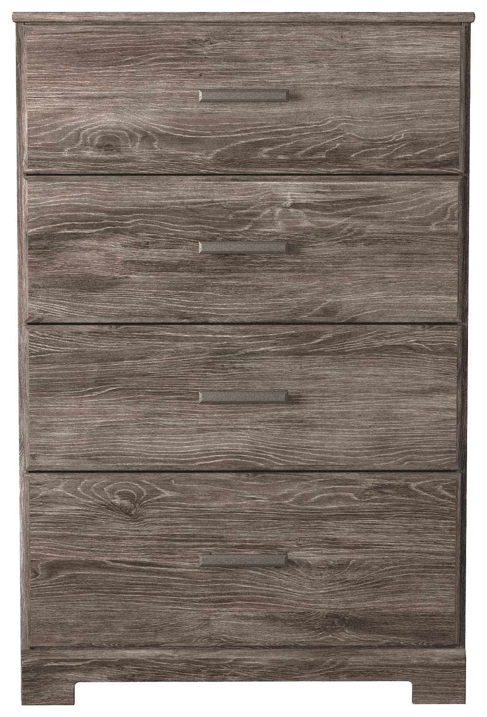 With its clean-lined look and modern attitude, this chest of drawers is a fresh style awakening. A warm gray hue over replicated oak grain easily complements other furniture finishes. Smooth drawer fronts with antiqued pewter-tone handles complete the aes