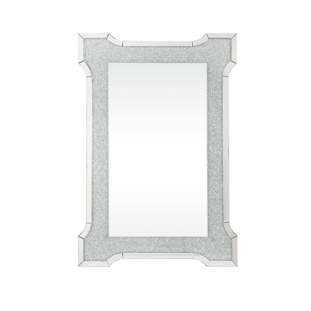 The Nowles mirror offers function and style to any modern setting. This rectangular wall mirror features beveled mirrored border trim with faux diamonds inlay that glimmer and glitter in the available light. Its frame crafted from durable engineered wood.