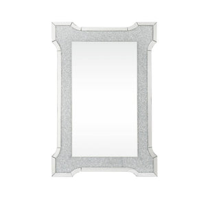 The Nowles mirror offers function and style to any modern setting. This rectangular wall mirror features beveled mirrored border trim with faux diamonds inlay that glimmer and glitter in the available light. Its frame crafted from durable engineered wood.